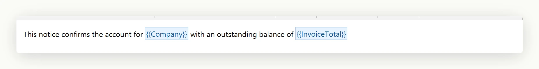 A letter in the WinForms HTML Editor with merge placeholders inserted at the caret position, each rendered as a distinct token inside the surrounding sentence.