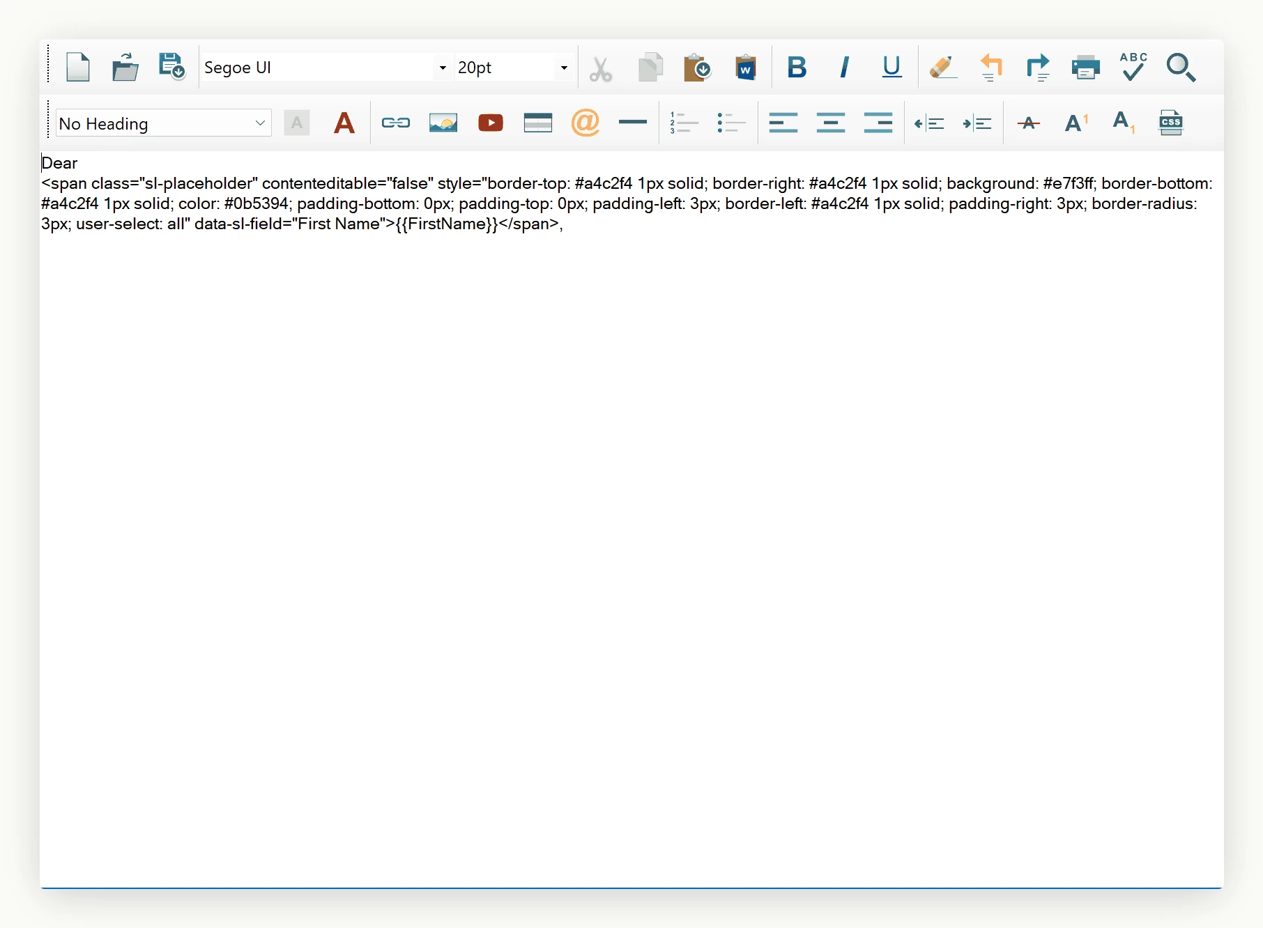 The WinForms HTML Editor switched to HTML source mode, where a placeholder insert is refused and the source markup is left byte for byte unchanged.