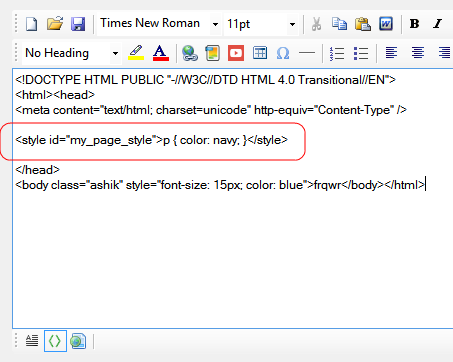 Source view of an HTML document showing an inline style block injected into the head section by the SpiceLogic WinForms HTML Editor to apply scoped CSS rules to headings and call-out boxes.