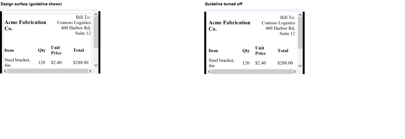 Side by side: the zero-border invoice table with dashed guideline outlines visible at design time on the left, and the same table with guidelines turned off on the right.