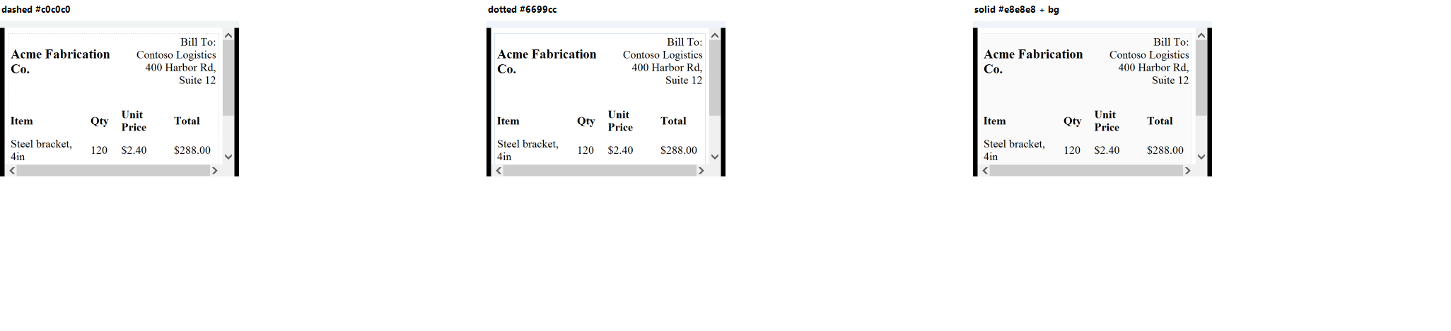 Three variants of the zero-border table guideline style: dashed gray, dotted blue, and solid gray with background tint.
