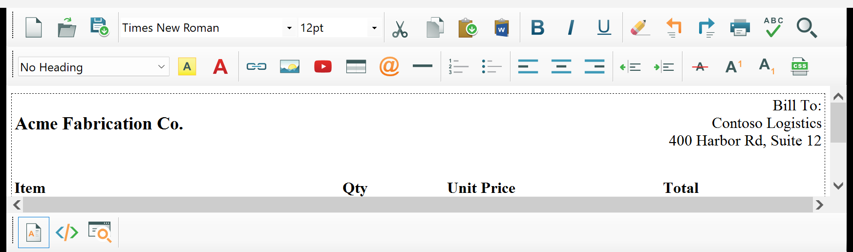 SpiceLogic WinForms HTML Editor showing a zero-border invoice table with no visible cell boundaries, making it hard for the designer to place the caret or select a column.