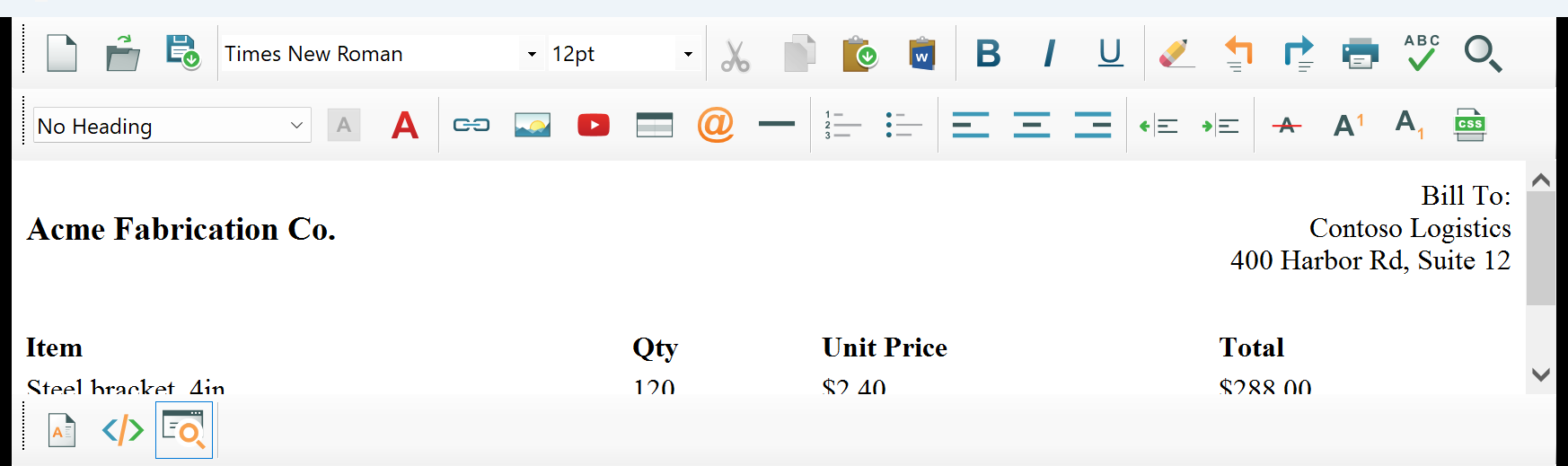 The invoice zero-border table in the editor's read-only preview mode, with no guideline decoration, matching the final printed output.