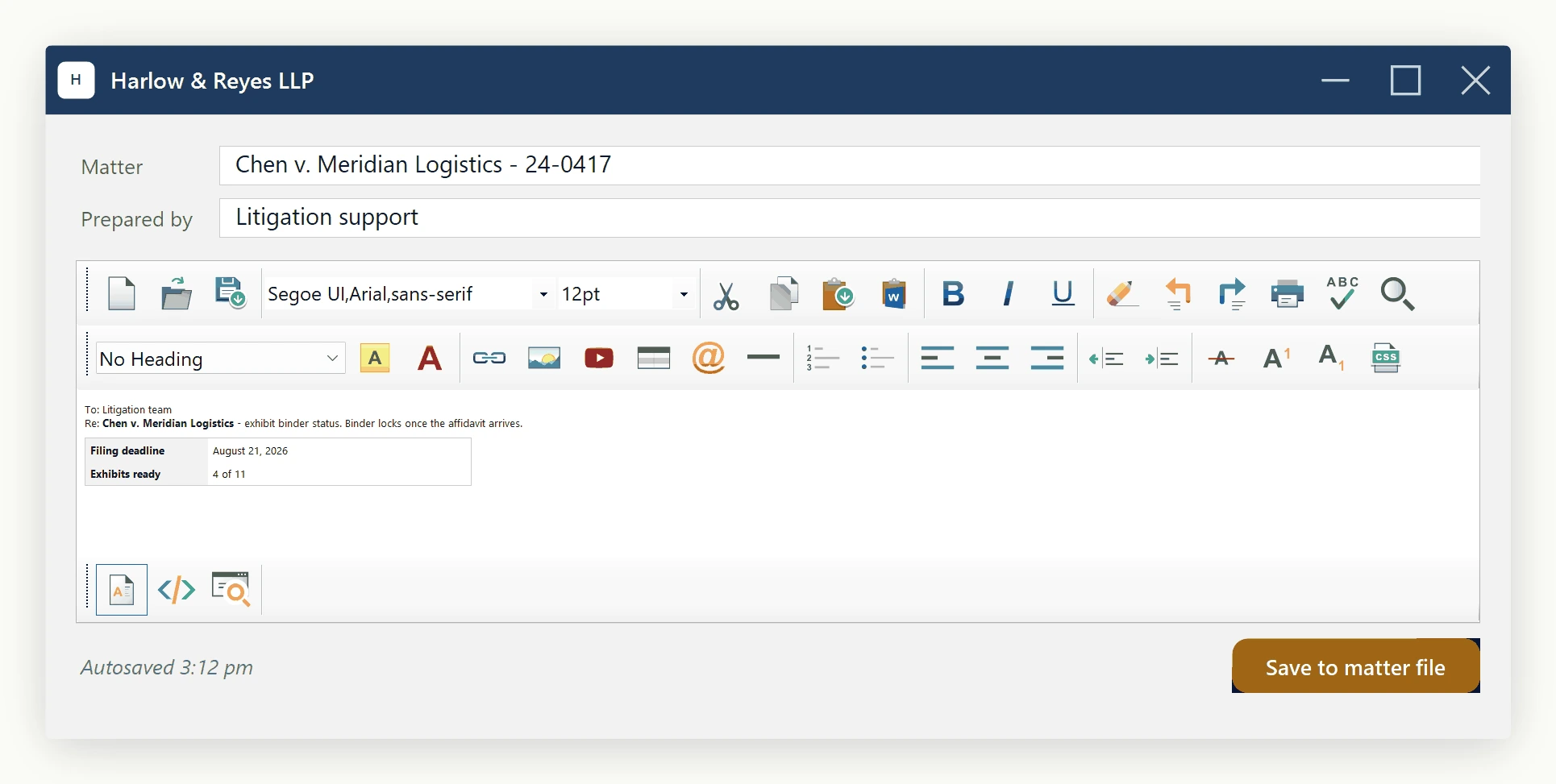 The SpiceLogic WinForms HTML Editor's full toolbar inside a legal matter workspace, showing the Image, Hyperlink, Table, Symbol, Search, Body style, Spell check and YouTube video buttons that open the dialogs the Dialog service exposes as replaceable properties.