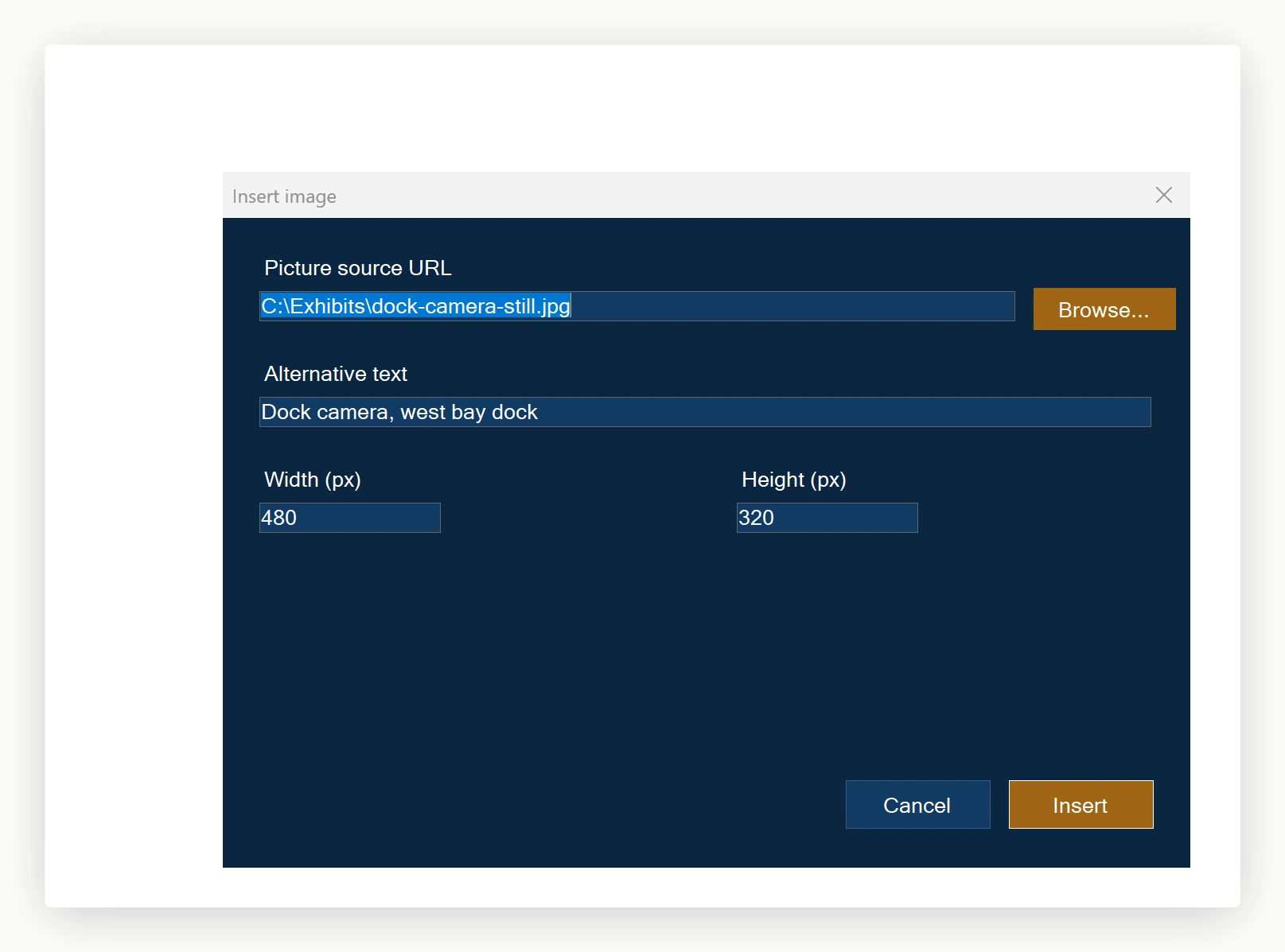 A custom navy branded Insert image dialog opened at runtime from the SpiceLogic WinForms HTML Editor's toolbar, replacing the control's default dialog through the IImageDialog interface.
