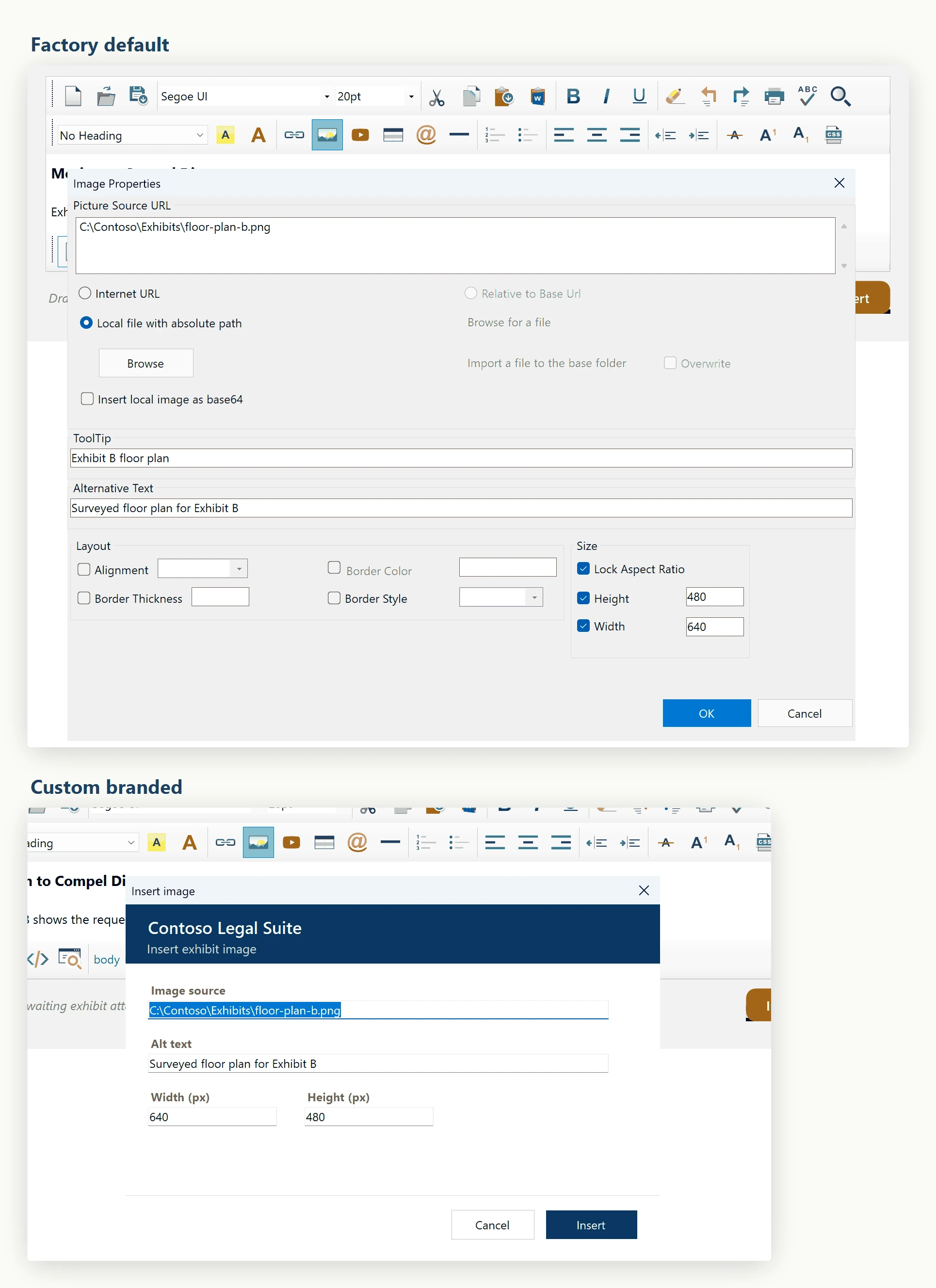 The WinForms HTML Editor's factory Insert Image dialog above the host application's own branded replacement, opened by the same toolbar command after a single property assignment on the editor's dialog service.