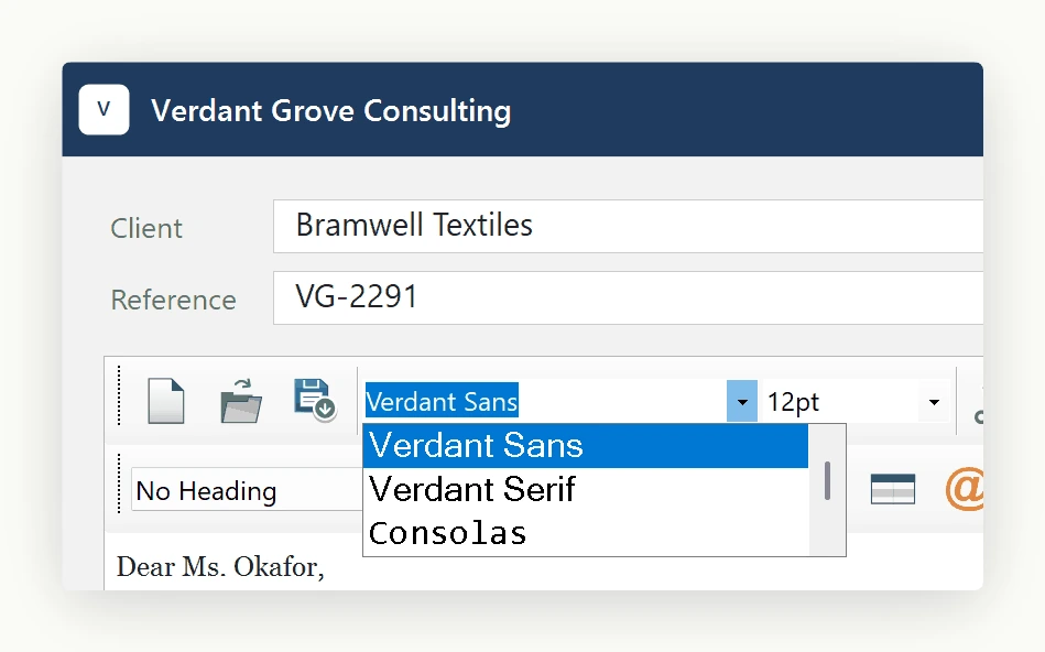 The SpiceLogic WinForms HTML Editor font dropdown open inside a consulting workspace, showing only the three approved entries Verdant Sans, Verdant Serif and Consolas after AddSystemFonts was turned off.