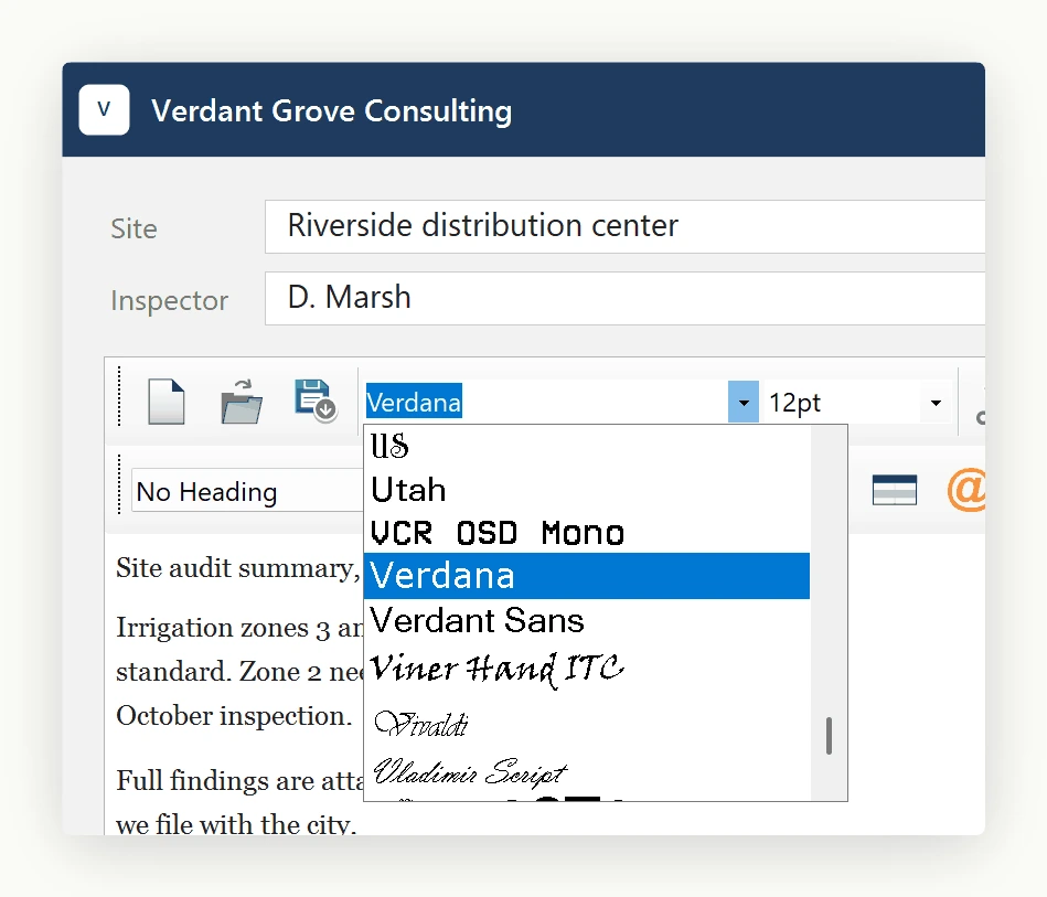 The SpiceLogic WinForms HTML Editor font dropdown open and scrolled to a custom brand entry named Verdant Sans, sitting in the list among the machine's real installed fonts.
