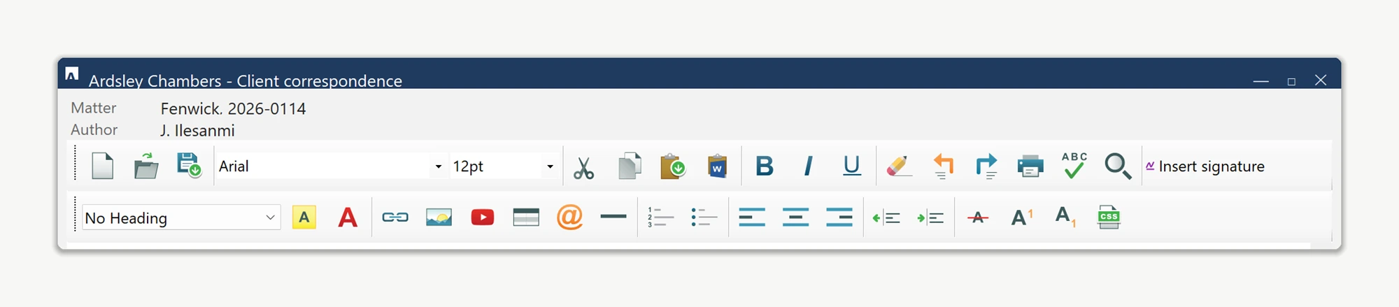 The WinForms HTML editor's top toolbar with a custom Insert signature button added in code at the end of it, alongside the factory buttons, separated by an ordinary ToolStripSeparator