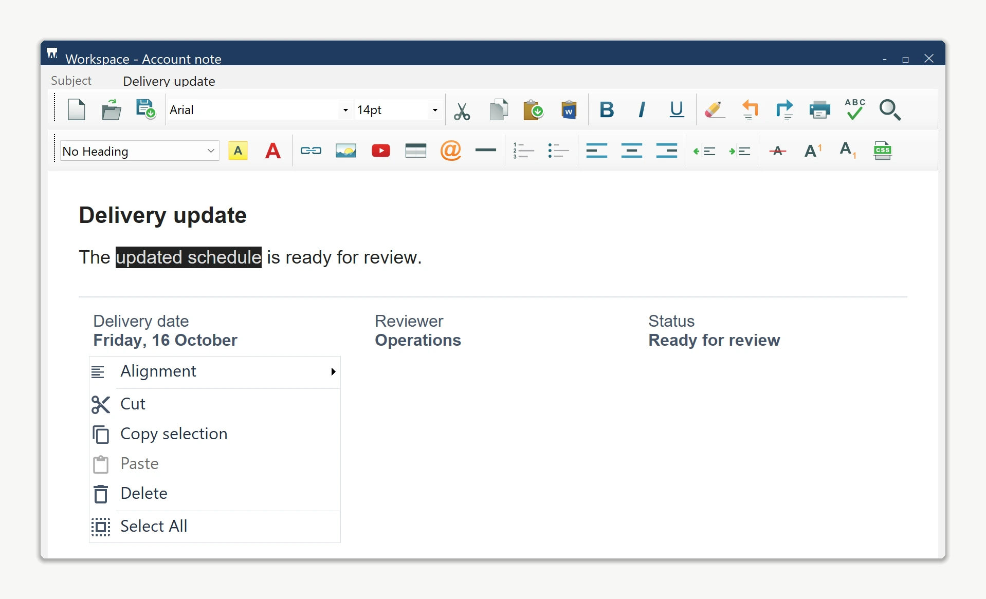 WinForms HTML Editor with its original menu styled by the host with monochrome icons, Copy selection, disabled Paste and hidden Show Source