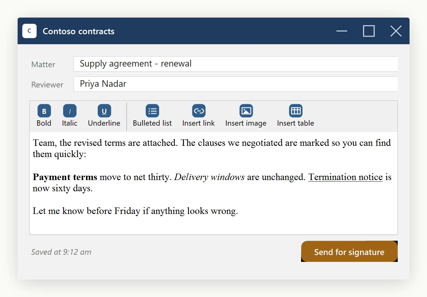 A host application's own toolbar replacing the factory ones in the SpiceLogic WinForms HTML Editor: seven large custom icons with labels (bold, italic, underline, bulleted list, insert link, insert image, insert table), each wired to the matching factory command through ToolbarItemOverrider.