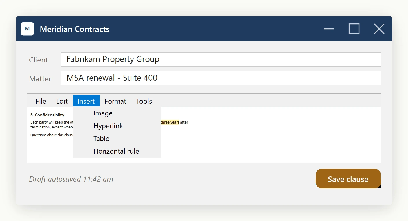 A MenuStrip host UI drives the SpiceLogic WinForms HTML Editor through ToolbarItemOverrider, with its Insert menu open live over the editor's document content.