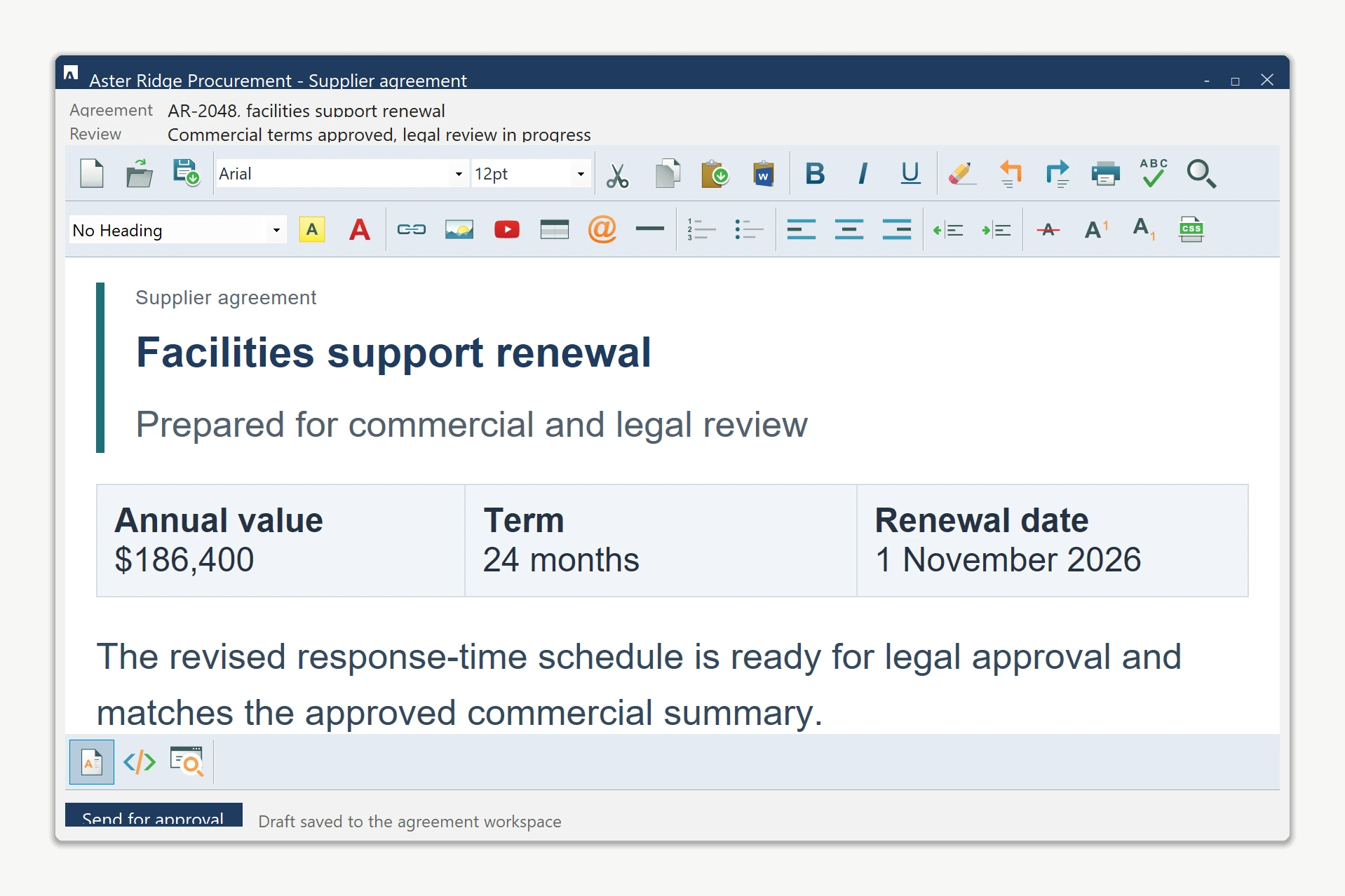 WinForms HTML Editor inside a procurement application with coordinated blue-gray toolbars, a teal custom Save icon, navy application chrome, and a styled supplier agreement