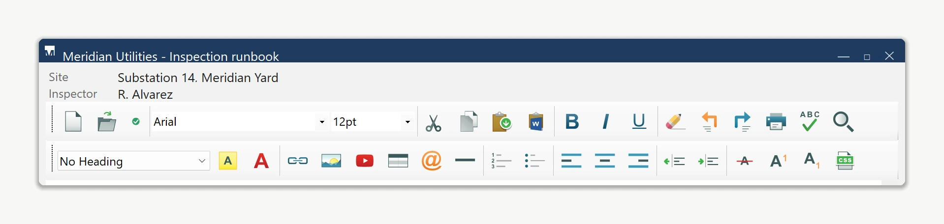 The WinForms HTML editor inside a compliance application, with its Save toolbar button recolored into a green commit badge after its click behavior was overridden to write to a database instead of opening the file-save dialog