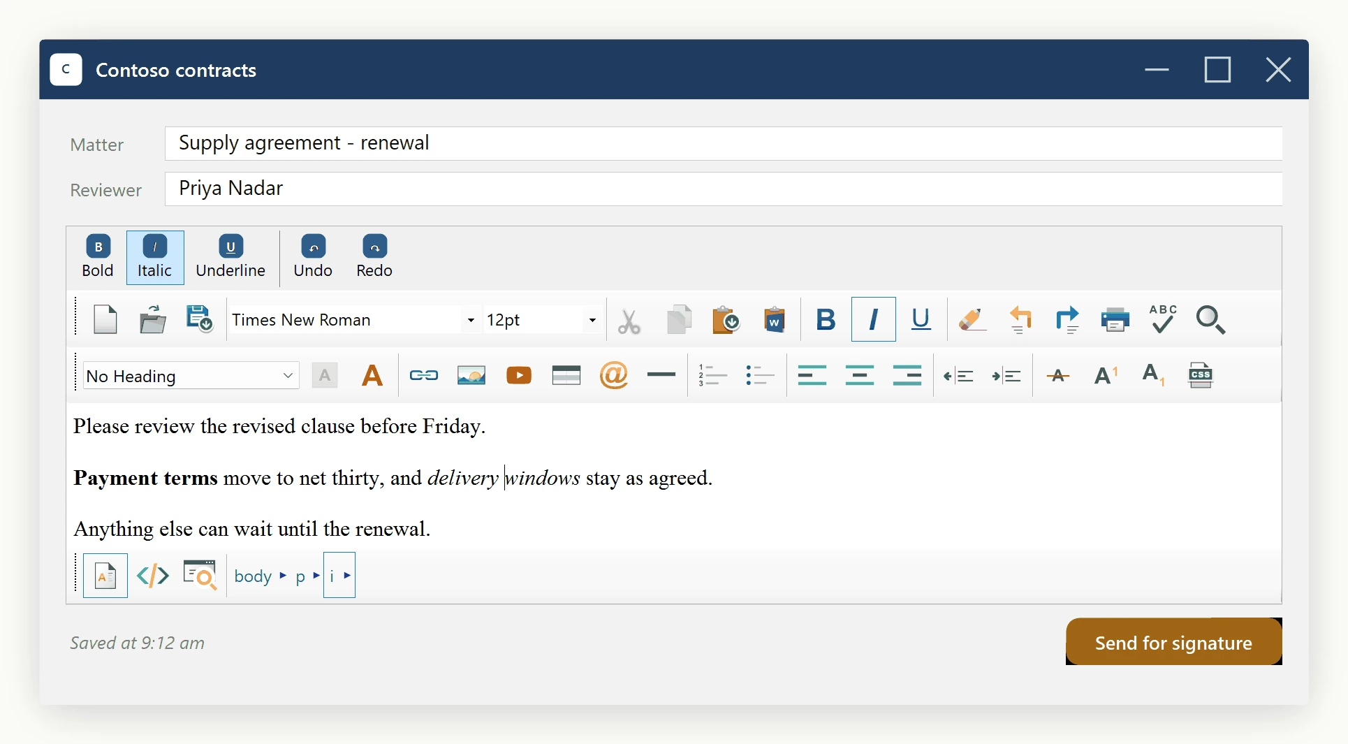 The same host toolbar one caret move later: with the caret inside italic text, the host Italic button shows pressed and Bold has cleared, so the host buttons track the document rather than the last command used.