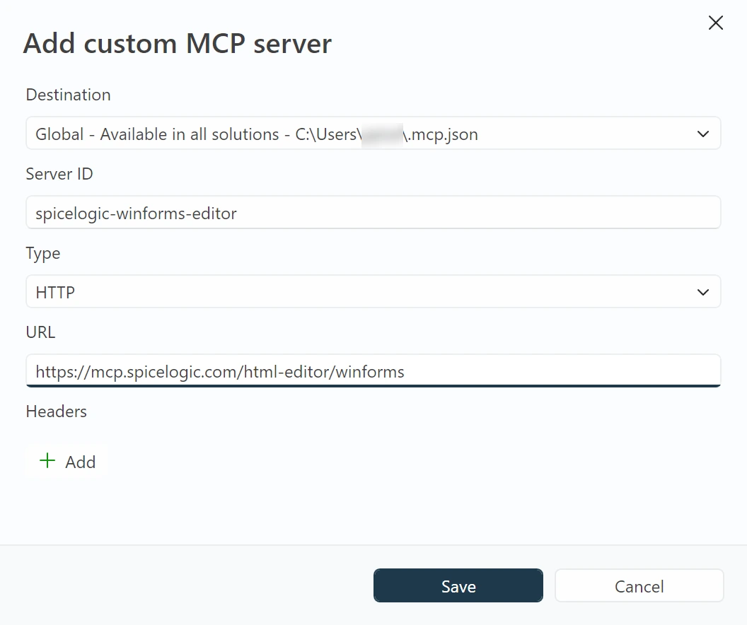 The Add custom MCP server dialog in Visual Studio, filled in for the SpiceLogic WinForms HTML Editor MCP server: type HTTP and the product URL.