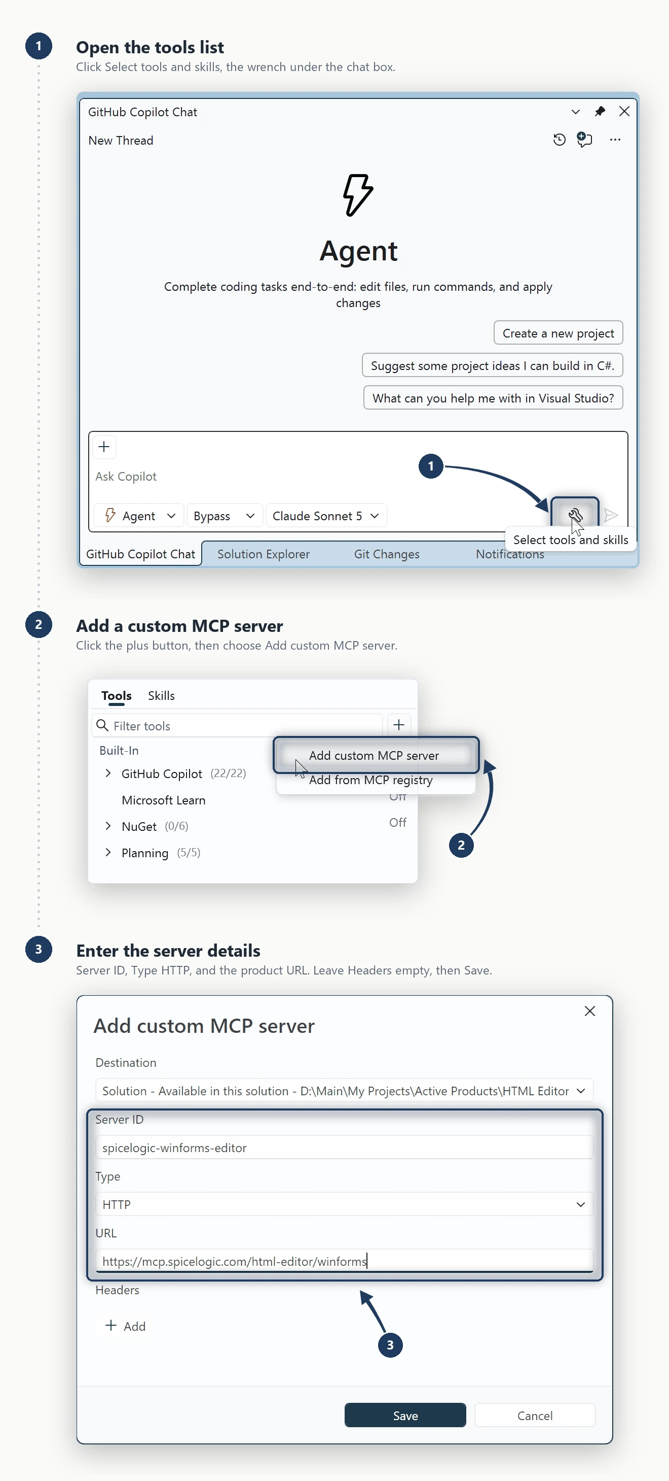 Three numbered steps to add the SpiceLogic WinForms HTML Editor MCP server in Visual Studio: open the tools list from the wrench under the Copilot chat box, choose Add custom MCP server from the plus menu in the Tools list, then enter the server ID, type HTTP and the product URL in the Add custom MCP server dialog.