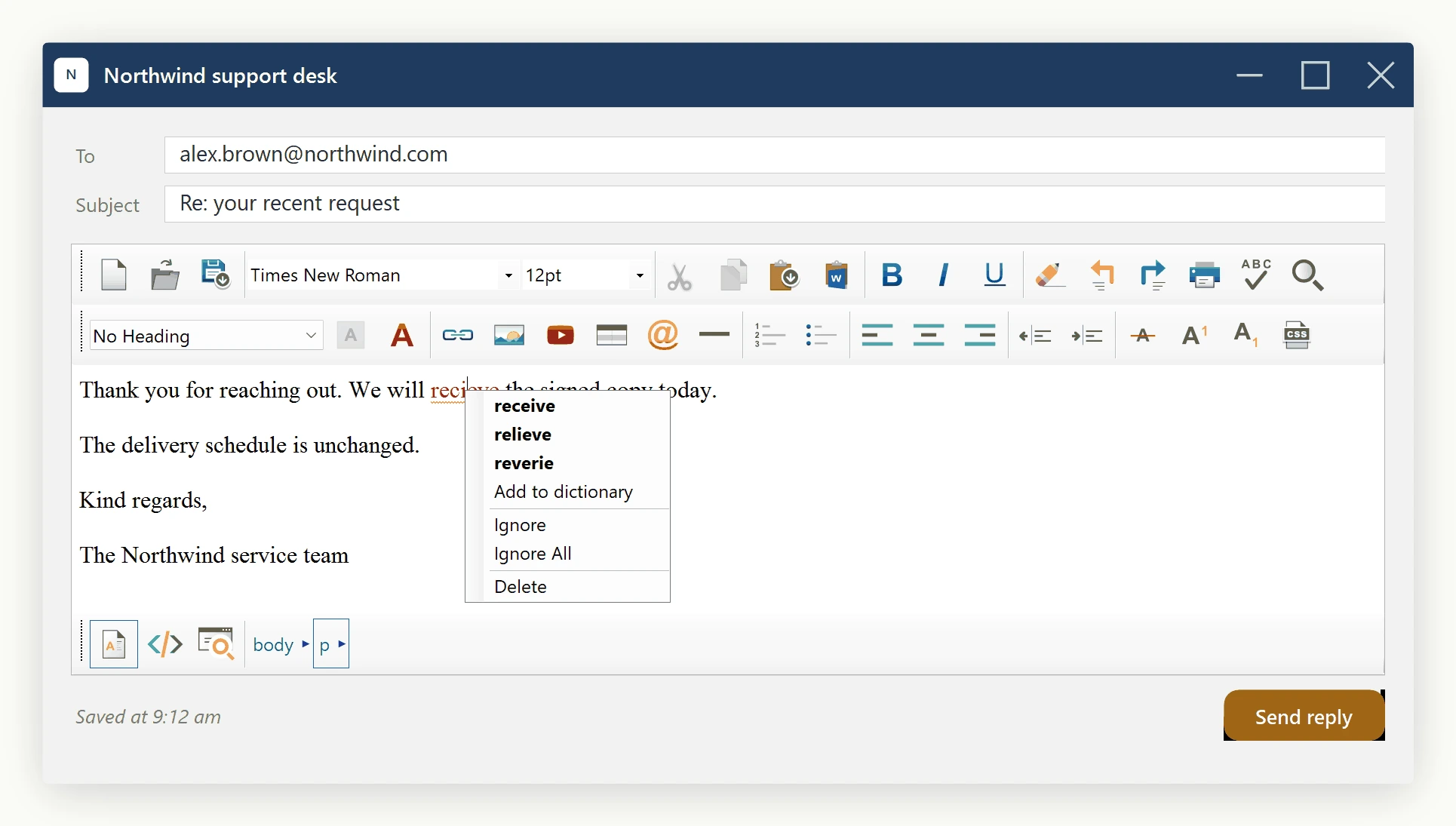 The SpiceLogic WinForms HTML Editor inline spell checker: a misspelled word carries a red squiggle and a right-click opens the suggestion menu with ranked corrections, Add to dictionary, Ignore, Ignore All and Delete.