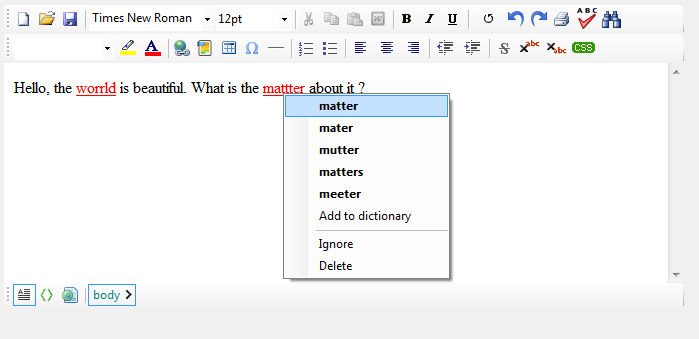 SpiceLogic WinForms HTML Editor showing a red squiggle under a misspelled word with the right-click suggestion menu open offering corrections.