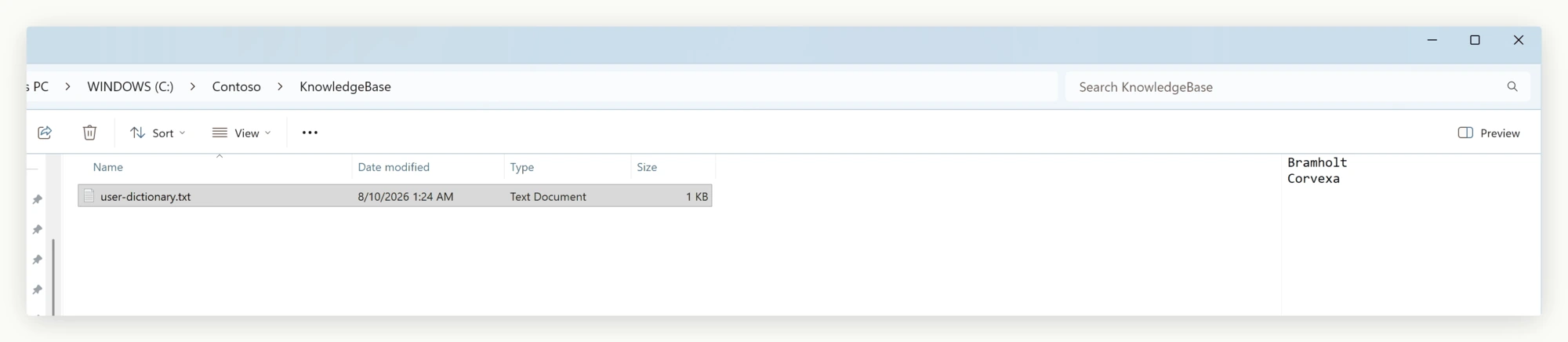 Windows Explorer preview pane showing the user dictionary file the SpiceLogic WinForms HTML Editor wrote, listing the two accepted words Bramholt and Corvexa one per line.