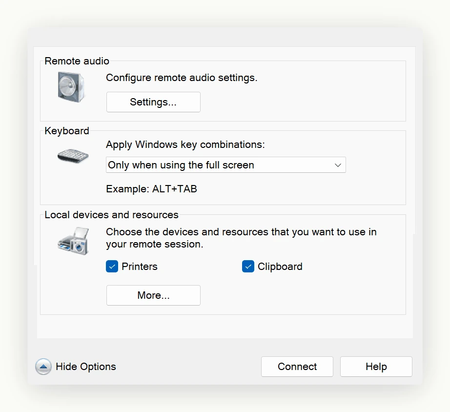 The Local Resources tab of the Windows Remote Desktop Connection client, showing the Clipboard option under local devices and resources that has to be enabled for clipboard sharing to reach a remote session.