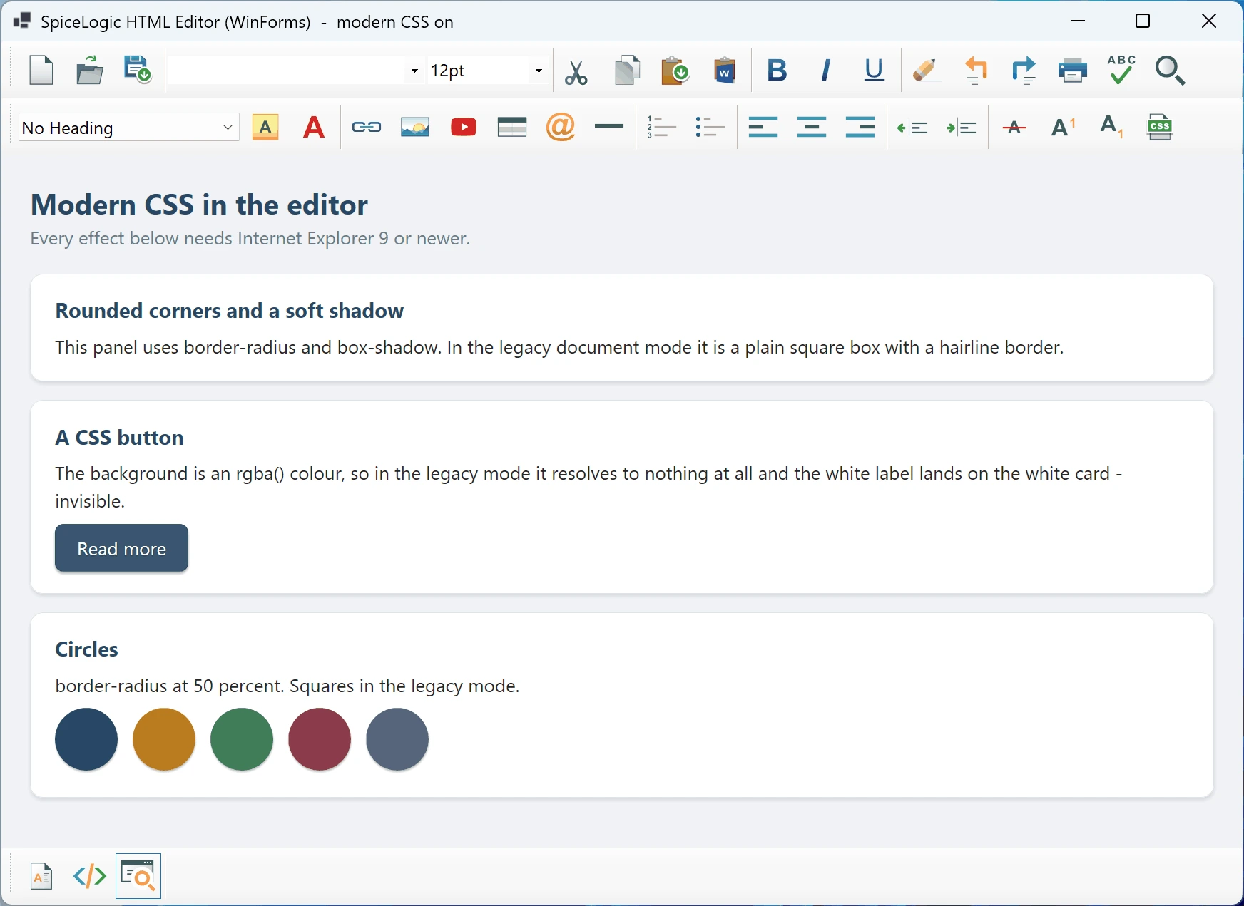 The same document in the WinForms HTML Editor after setting BrowserEmulation to InternetExplorer11: the panels have rounded corners and soft shadows, the Read more button renders as a solid dark rounded button with a readable white label, and the swatches are a row of coloured circles.