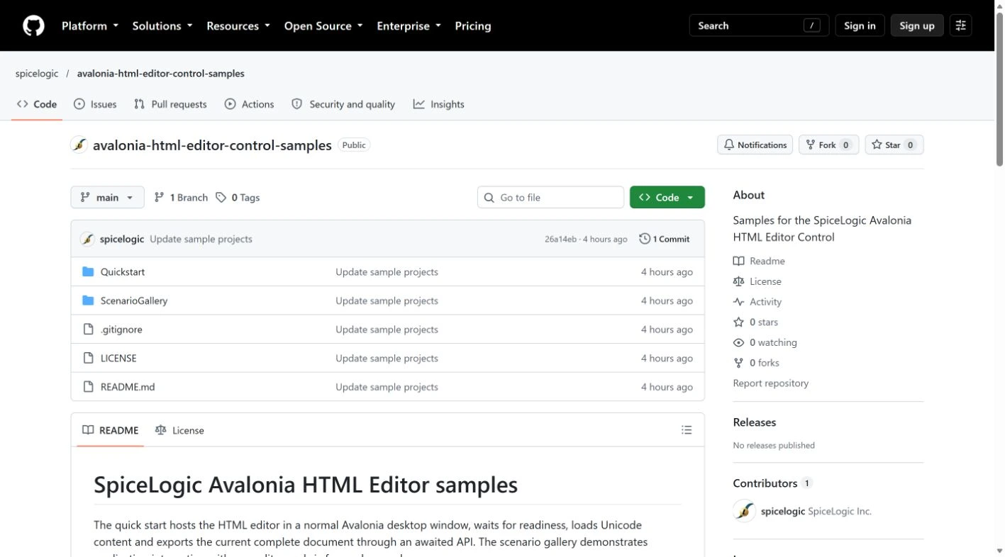 Public SpiceLogic Avalonia HTML Editor GitHub repository with Quickstart and ScenarioGallery projects.