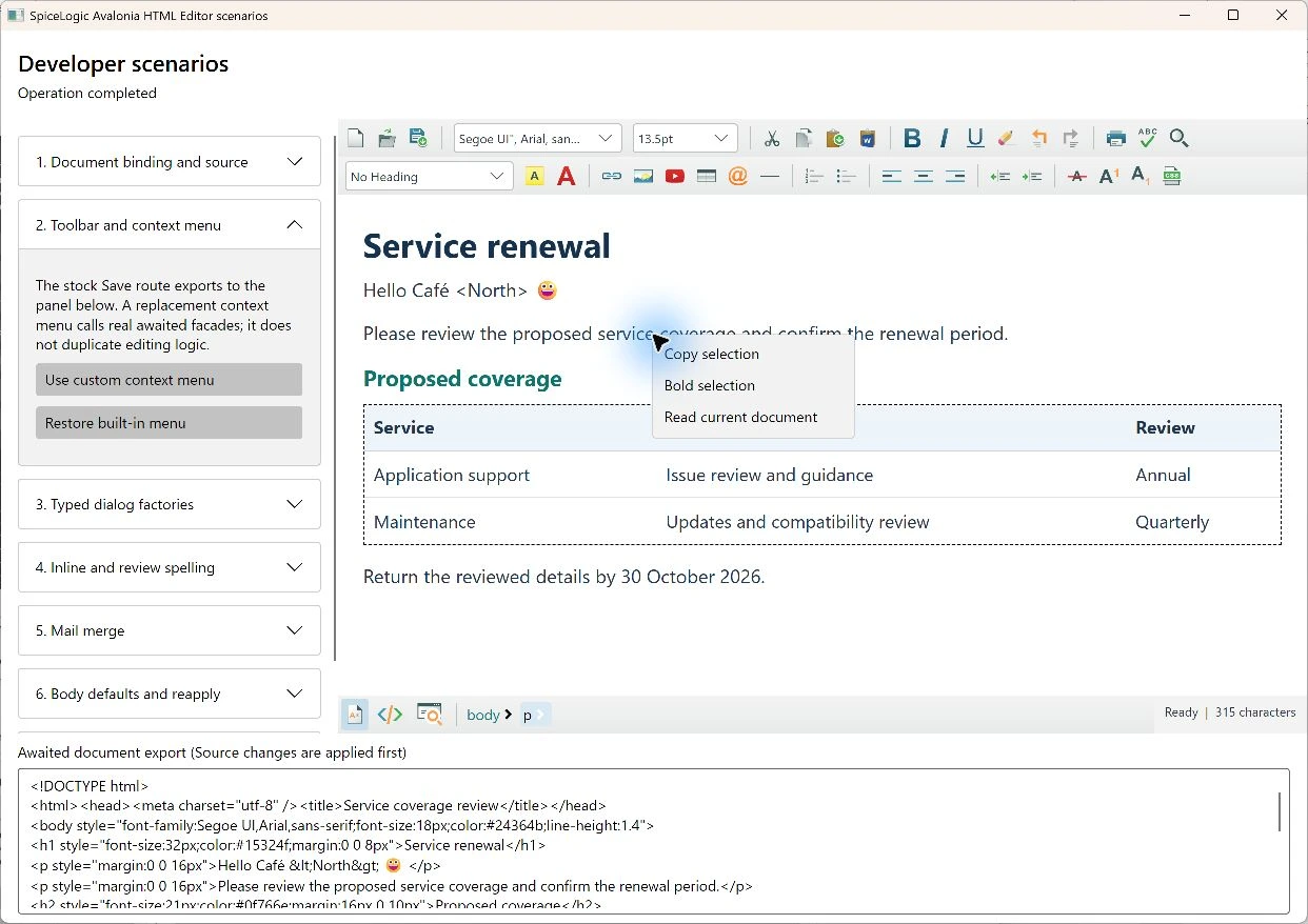 Actual application-owned document context menu calling the delivered Avalonia editing and document APIs.