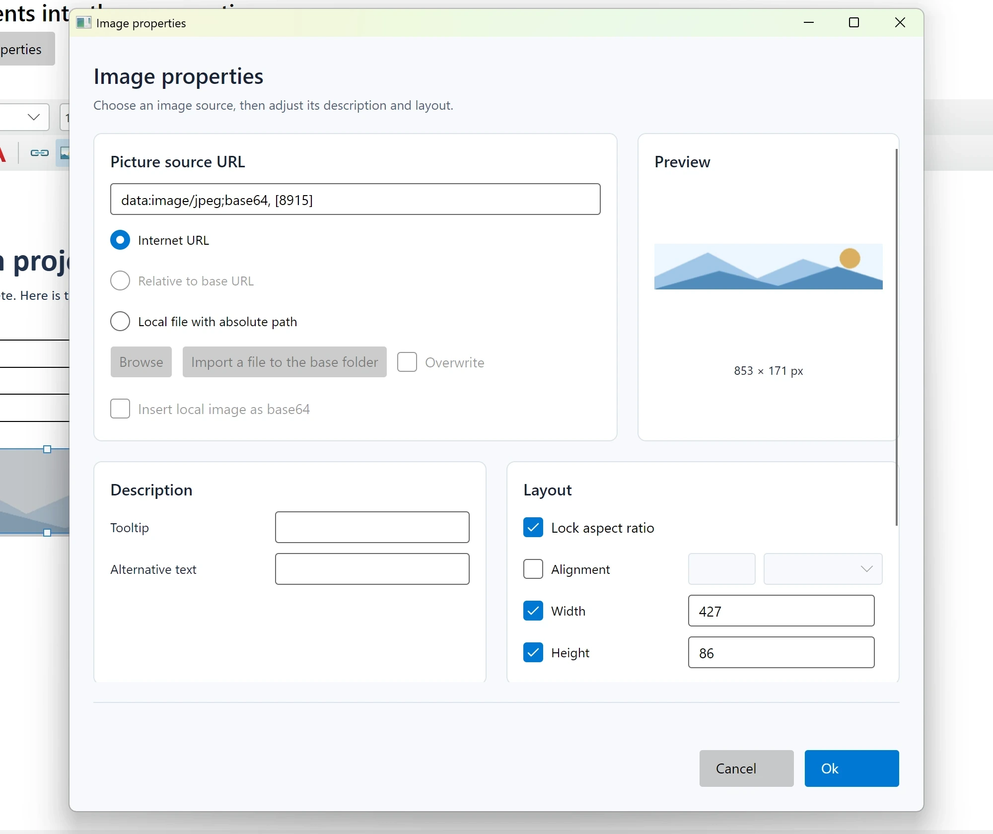 Native image properties dialog previewing an embedded JPEG, with alternative text, aspect-ratio lock and width and height controls.
