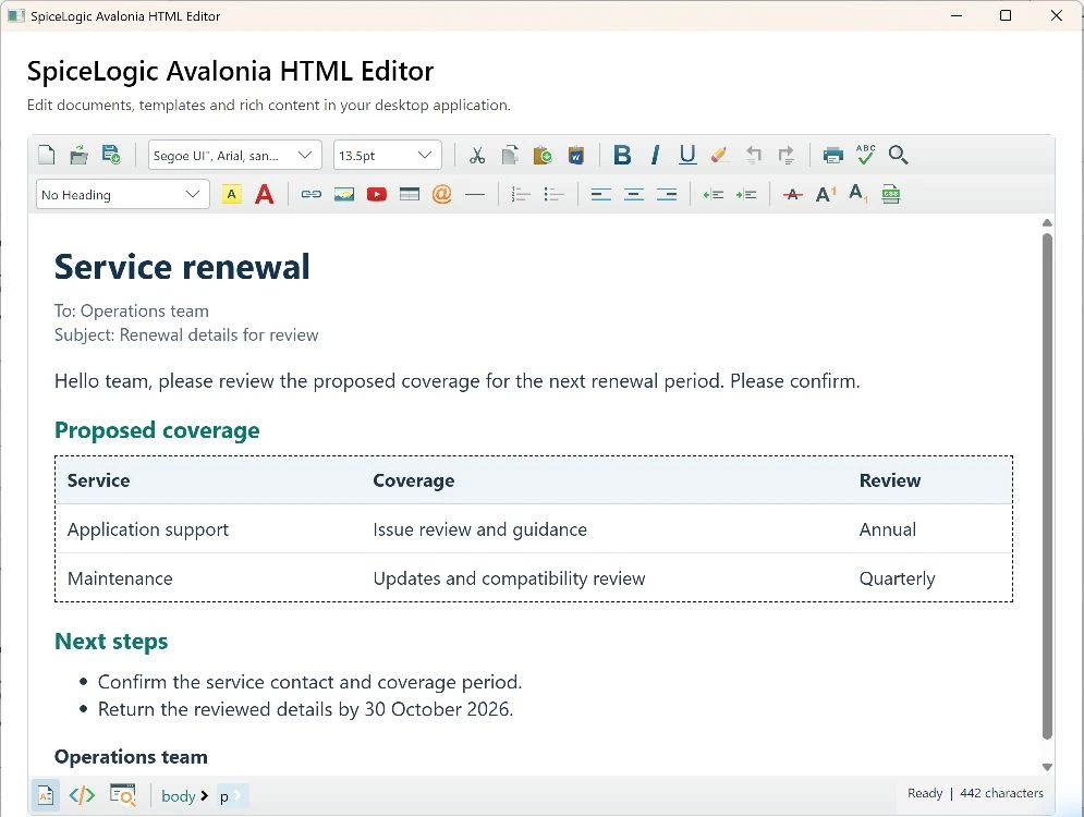 Saved HTML message reopened in the Avalonia editor with its added sentence, headings, table and list retained.