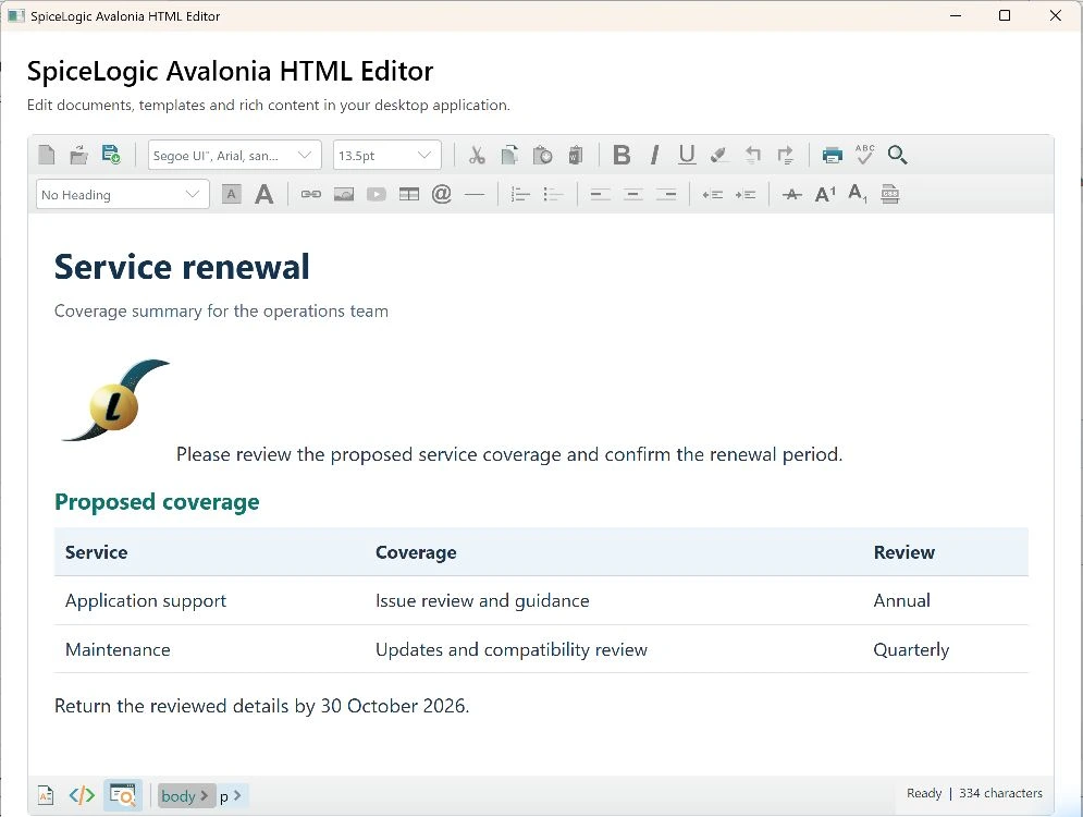 Actual Avalonia Preview mode showing the formatted document with editing commands disabled.