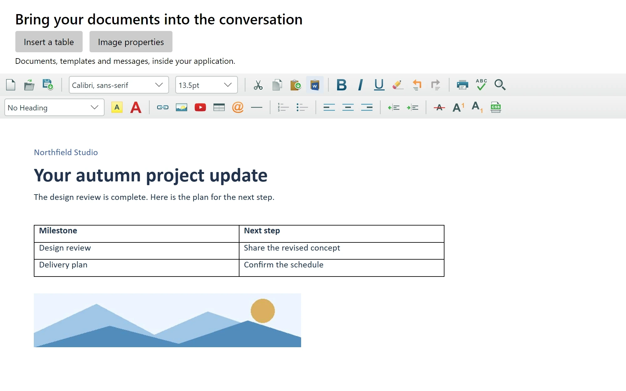 Formatted content pasted from Word into the Avalonia editor, retaining a heading, table and embedded landscape image.