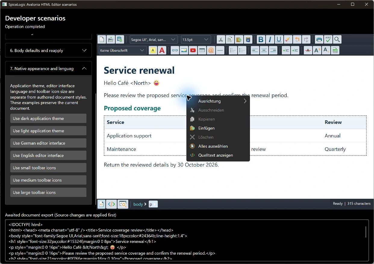 Actual German editor context menu and paragraph caption inside an English Avalonia sample host, with document text retained.