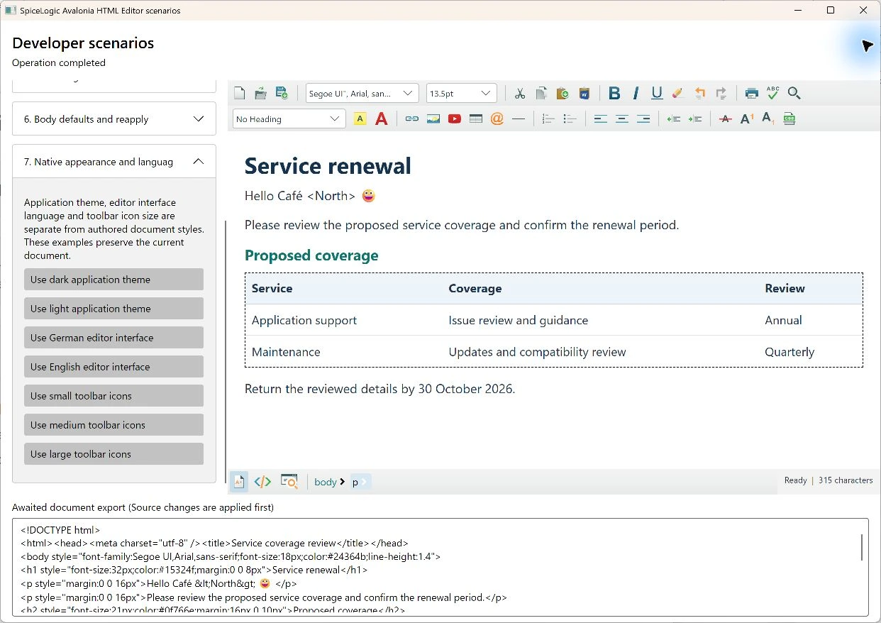Actual native Avalonia editor around a formatted HTML document with headings and body text.