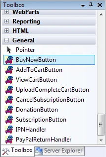 Visual Studio Toolbox panel showing the nine PayPal controls available after the SDK assembly is referenced.