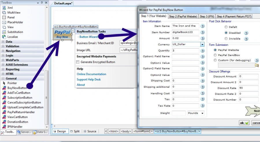 Three-step walkthrough: drag the Buy Now Button onto a Web Form, open its Smart Tag, and launch the Button Wizard.