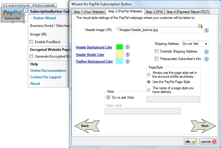 Step 2 of the Button Wizard where the visual style of the PayPal-hosted checkout is configured (header image, colors, page style).
