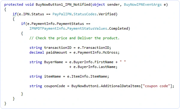 C# IPN_Notified event handler reading transaction id, gross amount, buyer name and item info from the strongly-typed event args.