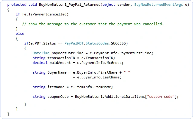 C# PayPal_Returned event handler that branches on cancellation and reads PDT data (date, transaction id, gross, buyer) on success.
