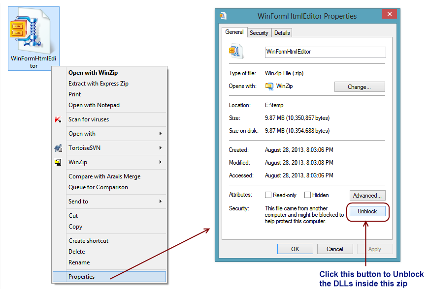 Windows file Properties dialog with the Unblock button highlighted on a downloaded zip.