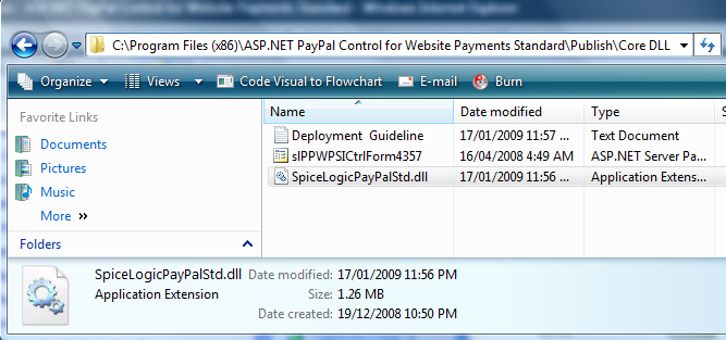 Contents of the downloaded Core DLL folder, including the SpiceLogicPayPalStd.dll assembly to reference in Visual Studio.