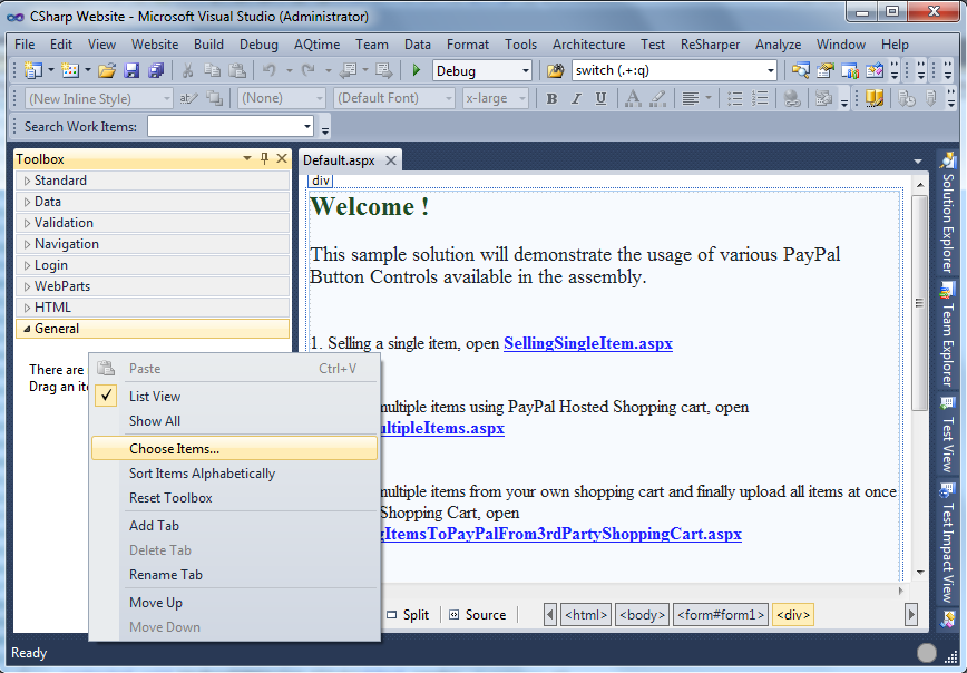 Visual Studio Toolbox right-click menu with the Choose Items command highlighted for adding new controls.