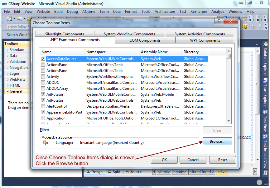 Choose Toolbox Items dialog with the Browse button highlighted, used to locate the assembly DLL on disk.
