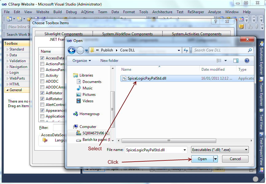 Open File dialog with SpiceLogicPayPalStd.dll selected in the Core DLL folder, ready to load into the Toolbox.
