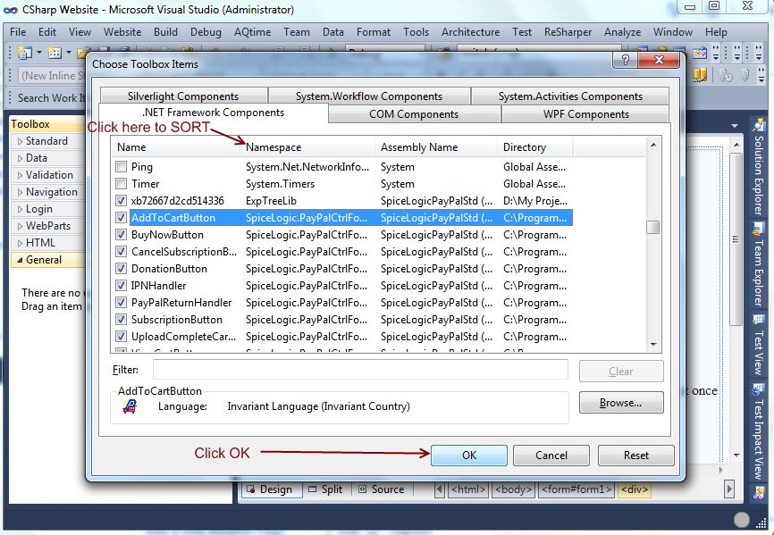 Choose Toolbox Items dialog showing the loaded PayPal controls ticked for inclusion, ready to confirm with OK.