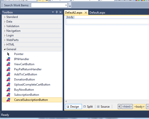 Visual Studio Toolbox General tab populated with the nine PayPal controls after the SDK assembly was added.