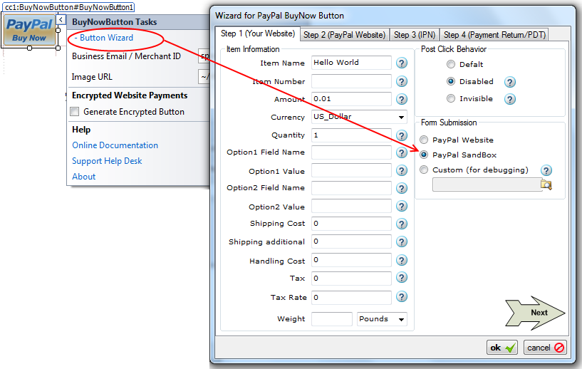 Button Wizard Step 1 with the PayPal SandBox radio selected in Form Submission, the design-time way to target the sandbox.