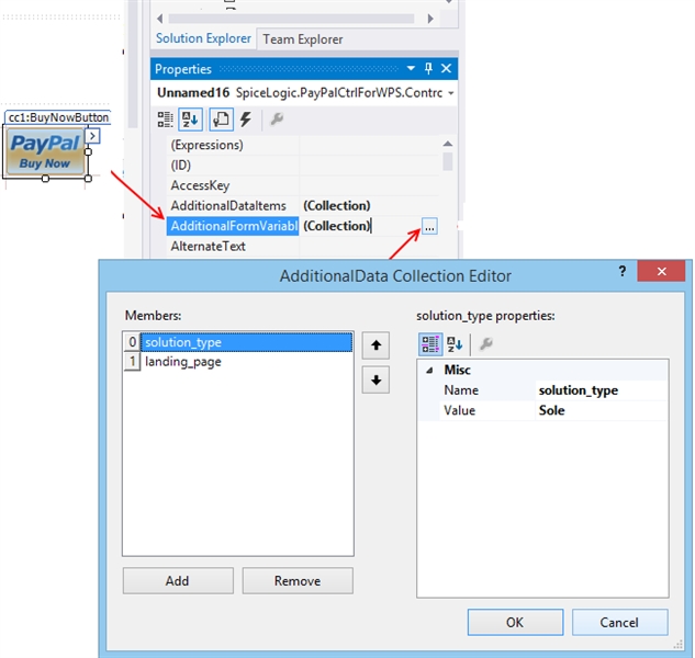 Collection editor adding extra PayPal HTML form variables (name/value) to the button's AdditionalFormVariables collection so newly-introduced PayPal variables can be sent before the control wraps them officially.