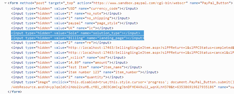 Generated HTML output of a Buy Now button showing the AdditionalFormVariables entries rendered as hidden input fields ready to be submitted to PayPal.