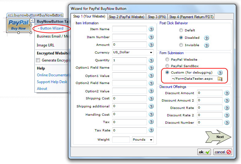 Buy Now Button Wizard with Form Submission set to a custom URL '~/DebugForm.aspx' so the form variables sent to PayPal are captured locally for inspection.